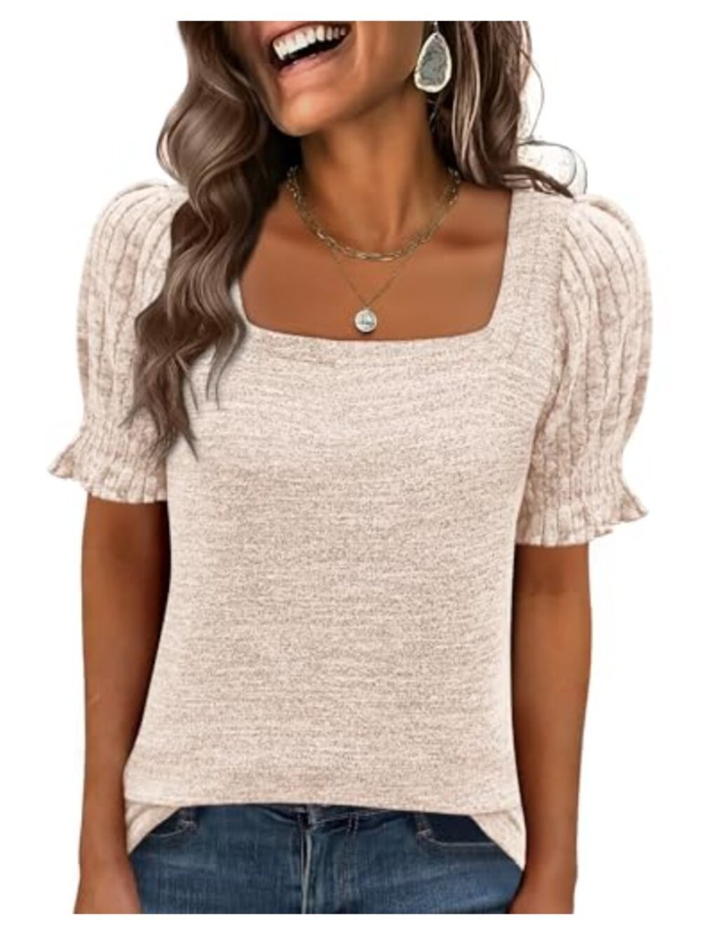 Womens Ruffle Short Sleeve Square Neck Blouse Dressy Casual Work Tunic